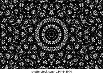 Abstract black and white painted kaleidoscopic background. Futuristic psychedelic hypnotic grunge backdrop pattern with texture. Ethnic floral ornamental mandala. Vintage geometric vector overlay