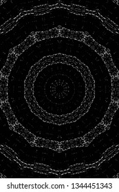 Abstract black and white painted kaleidoscopic background. Futuristic psychedelic hypnotic grunge backdrop pattern with texture. Ethnic floral ornamental mandala. Vintage geometric vector overlay