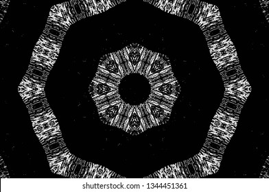 Abstract black and white painted kaleidoscopic background. Futuristic psychedelic hypnotic grunge backdrop pattern with texture. Ethnic floral ornamental mandala. Vintage geometric vector overlay