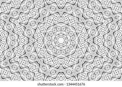 Abstract black and white painted kaleidoscopic background. Futuristic psychedelic hypnotic grunge backdrop pattern with texture. Ethnic floral ornamental mandala. Vintage geometric vector overlay