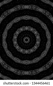 Abstract black and white painted kaleidoscopic background. Futuristic psychedelic hypnotic grunge backdrop pattern with texture. Ethnic floral ornamental mandala. Vintage geometric vector overlay