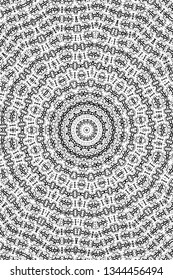 Abstract black and white painted kaleidoscopic background. Futuristic psychedelic hypnotic grunge backdrop pattern with texture. Ethnic floral ornamental mandala. Vintage geometric vector overlay