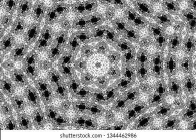 Abstract black and white painted kaleidoscopic background. Futuristic psychedelic hypnotic grunge backdrop pattern with texture. Ethnic floral ornamental mandala. Vintage geometric vector overlay