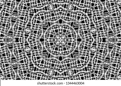 Abstract black and white painted kaleidoscopic background. Futuristic psychedelic hypnotic grunge backdrop pattern with texture. Ethnic floral ornamental mandala. Vintage geometric vector overlay