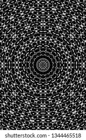 Abstract black and white painted kaleidoscopic background. Futuristic psychedelic hypnotic grunge backdrop pattern with texture. Ethnic floral ornamental mandala. Vintage geometric vector overlay