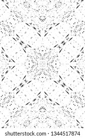 Abstract black and white painted kaleidoscopic background. Futuristic psychedelic hypnotic grunge backdrop pattern with texture. Ethnic floral ornamental mandala. Vintage geometric vector overlay
