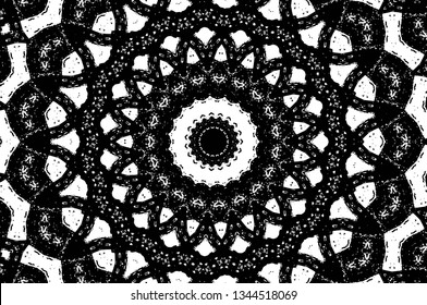 Abstract black and white painted kaleidoscopic background. Futuristic psychedelic hypnotic grunge backdrop pattern with texture. Ethnic floral ornamental mandala. Vintage geometric vector overlay