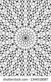 Abstract black and white painted kaleidoscopic background. Futuristic psychedelic hypnotic grunge backdrop pattern with texture. Ethnic floral ornamental mandala. Vintage geometric vector overlay