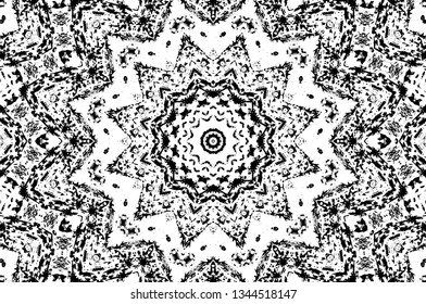 Abstract black and white painted kaleidoscopic background. Futuristic psychedelic hypnotic grunge backdrop pattern with texture. Ethnic floral ornamental mandala. Vintage geometric vector overlay