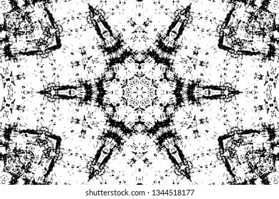 Abstract black and white painted kaleidoscopic background. Futuristic psychedelic hypnotic grunge backdrop pattern with texture. Ethnic floral ornamental mandala. Vintage geometric vector overlay