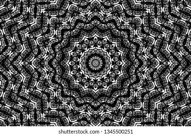 Abstract black and white painted kaleidoscopic background. Futuristic psychedelic hypnotic grunge backdrop pattern with texture. Ethnic floral ornamental mandala. Vintage geometric vector overlay