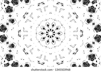 Abstract black and white painted kaleidoscopic background. Futuristic psychedelic hypnotic grunge backdrop pattern with texture. Ethnic floral ornamental mandala. Vintage geometric vector overlay