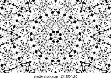 Abstract black and white painted kaleidoscopic background. Futuristic psychedelic hypnotic grunge backdrop pattern with texture. Ethnic floral ornamental mandala. Vintage geometric vector overlay