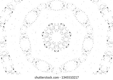 Abstract black and white painted kaleidoscopic background. Futuristic psychedelic hypnotic grunge backdrop pattern with texture. Ethnic floral ornamental mandala. Vintage geometric vector overlay