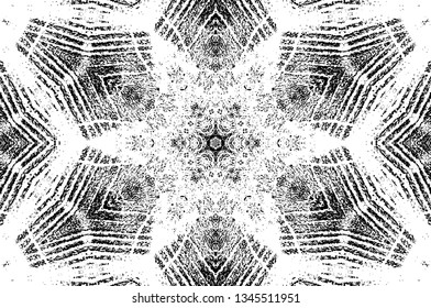 Abstract black and white painted kaleidoscopic background. Futuristic psychedelic hypnotic grunge backdrop pattern with texture. Ethnic floral ornamental mandala. Vintage geometric vector overlay