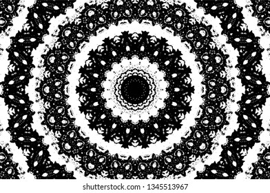 Abstract black and white painted kaleidoscopic background. Futuristic psychedelic hypnotic grunge backdrop pattern with texture. Ethnic floral ornamental mandala. Vintage geometric vector overlay