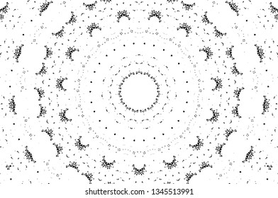 Abstract black and white painted kaleidoscopic background. Futuristic psychedelic hypnotic grunge backdrop pattern with texture. Ethnic floral ornamental mandala. Vintage geometric vector overlay