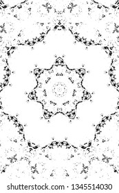 Abstract black and white painted kaleidoscopic background. Futuristic psychedelic hypnotic grunge backdrop pattern with texture. Ethnic floral ornamental mandala. Vintage geometric vector overlay