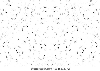 Abstract black and white painted kaleidoscopic background. Futuristic psychedelic hypnotic grunge backdrop pattern with texture. Ethnic floral ornamental mandala. Vintage geometric vector overlay