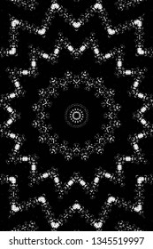 Abstract black and white painted kaleidoscopic background. Futuristic psychedelic hypnotic grunge backdrop pattern with texture. Ethnic floral ornamental mandala. Vintage geometric vector overlay