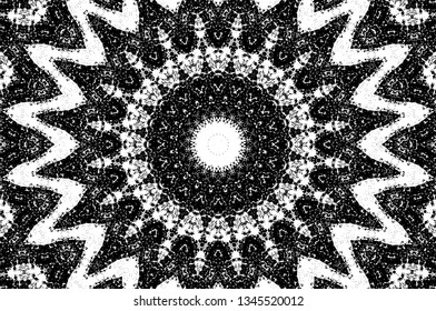 Abstract black and white painted kaleidoscopic background. Futuristic psychedelic hypnotic grunge backdrop pattern with texture. Ethnic floral ornamental mandala. Vintage geometric vector overlay