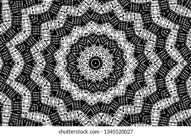 Abstract black and white painted kaleidoscopic background. Futuristic psychedelic hypnotic grunge backdrop pattern with texture. Ethnic floral ornamental mandala. Vintage geometric vector overlay