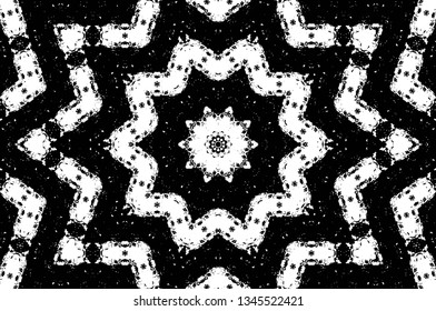 Abstract black and white painted kaleidoscopic background. Futuristic psychedelic hypnotic grunge backdrop pattern with texture. Ethnic floral ornamental mandala. Vintage geometric vector overlay
