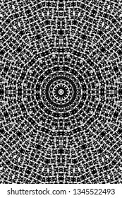 Abstract black and white painted kaleidoscopic background. Futuristic psychedelic hypnotic grunge backdrop pattern with texture. Ethnic floral ornamental mandala. Vintage geometric vector overlay