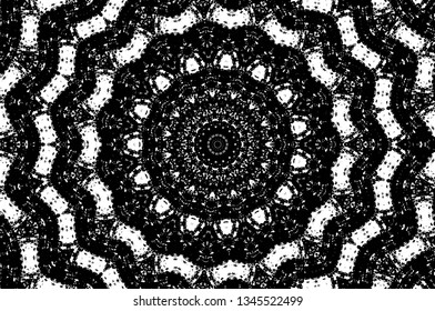 Abstract black and white painted kaleidoscopic background. Futuristic psychedelic hypnotic grunge backdrop pattern with texture. Ethnic floral ornamental mandala. Vintage geometric vector overlay