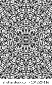 Abstract black and white painted kaleidoscopic background. Futuristic psychedelic hypnotic grunge backdrop pattern with texture. Ethnic floral ornamental mandala. Vintage geometric vector overlay