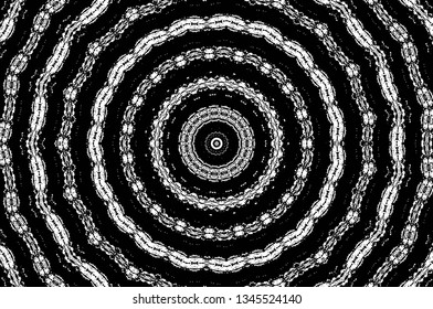 Abstract black and white painted kaleidoscopic background. Futuristic psychedelic hypnotic grunge backdrop pattern with texture. Ethnic floral ornamental mandala. Vintage geometric vector overlay