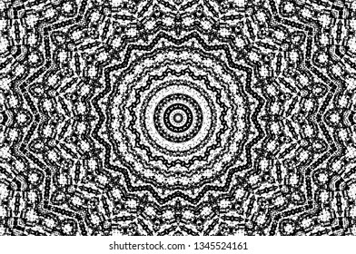 Abstract black and white painted kaleidoscopic background. Futuristic psychedelic hypnotic grunge backdrop pattern with texture. Ethnic floral ornamental mandala. Vintage geometric vector overlay