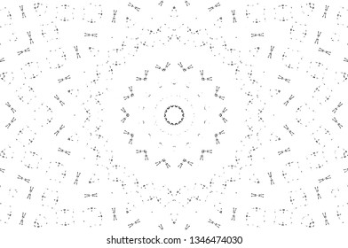 Abstract black and white painted kaleidoscopic background. Futuristic psychedelic hypnotic grunge backdrop pattern with texture. Ethnic floral ornamental mandala. Vintage geometric vector overlay