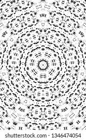Abstract black and white painted kaleidoscopic background. Futuristic psychedelic hypnotic grunge backdrop pattern with texture. Ethnic floral ornamental mandala. Vintage geometric vector overlay