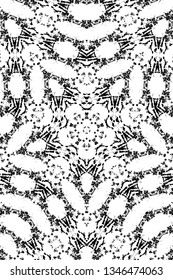 Abstract black and white painted kaleidoscopic background. Futuristic psychedelic hypnotic grunge backdrop pattern with texture. Ethnic floral ornamental mandala. Vintage geometric vector overlay