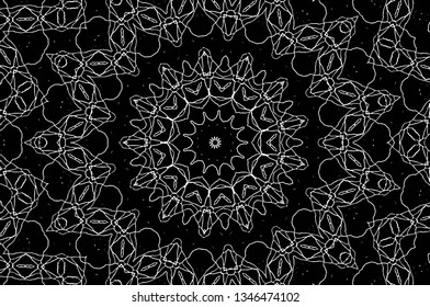 Abstract black and white painted kaleidoscopic background. Futuristic psychedelic hypnotic grunge backdrop pattern with texture. Ethnic floral ornamental mandala. Vintage geometric vector overlay