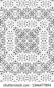 Abstract black and white painted kaleidoscopic background. Futuristic psychedelic hypnotic grunge backdrop pattern with texture. Ethnic floral ornamental mandala. Vintage geometric vector overlay