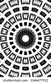 Abstract black and white painted kaleidoscopic background. Futuristic psychedelic hypnotic grunge backdrop pattern with texture. Ethnic floral ornamental mandala. Vintage geometric vector overlay