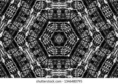 Abstract black and white painted kaleidoscopic background. Futuristic psychedelic hypnotic grunge backdrop pattern with texture. Ethnic floral ornamental mandala. Vintage geometric vector overlay