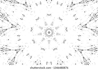 Abstract black and white painted kaleidoscopic background. Futuristic psychedelic hypnotic grunge backdrop pattern with texture. Ethnic floral ornamental mandala. Vintage geometric vector overlay