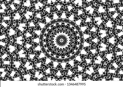 Abstract black and white painted kaleidoscopic background. Futuristic psychedelic hypnotic grunge backdrop pattern with texture. Ethnic floral ornamental mandala. Vintage geometric vector overlay