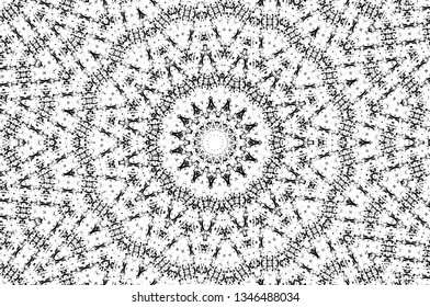 Abstract black and white painted kaleidoscopic background. Futuristic psychedelic hypnotic grunge backdrop pattern with texture. Ethnic floral ornamental mandala. Vintage geometric vector overlay