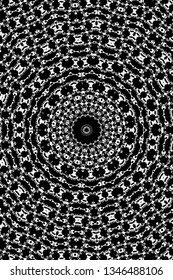 Abstract black and white painted kaleidoscopic background. Futuristic psychedelic hypnotic grunge backdrop pattern with texture. Ethnic floral ornamental mandala. Vintage geometric vector overlay