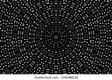 Abstract black and white painted kaleidoscopic background. Futuristic psychedelic hypnotic grunge backdrop pattern with texture. Ethnic floral ornamental mandala. Vintage geometric vector overlay