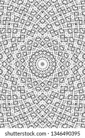 Abstract black and white painted kaleidoscopic background. Futuristic psychedelic hypnotic grunge backdrop pattern with texture. Ethnic floral ornamental mandala. Vintage geometric vector overlay