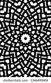 Abstract black and white painted kaleidoscopic background. Futuristic psychedelic hypnotic grunge backdrop pattern with texture. Ethnic floral ornamental mandala. Vintage geometric vector overlay