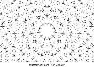 Abstract black and white painted kaleidoscopic background. Futuristic psychedelic hypnotic grunge backdrop pattern with texture. Ethnic floral ornamental mandala. Vintage geometric vector overlay
