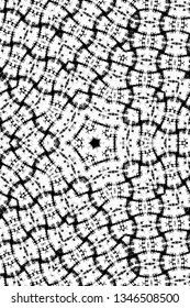 Abstract black and white painted kaleidoscopic background. Futuristic psychedelic hypnotic grunge backdrop pattern with texture. Ethnic floral ornamental mandala. Vintage geometric vector overlay