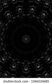 Abstract black and white painted kaleidoscopic background. Futuristic psychedelic hypnotic grunge backdrop pattern with texture. Ethnic floral ornamental mandala. Vintage geometric vector overlay