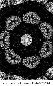 Abstract black and white painted kaleidoscopic background. Futuristic psychedelic hypnotic grunge backdrop pattern with texture. Ethnic floral ornamental mandala. Vintage geometric vector overlay